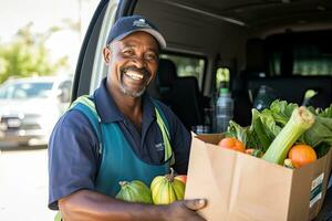 ein jung Mann trägt ein Einkaufen Tasche voll von Früchte und Gemüse. Essen Lieferung Service. generativ ai foto