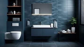 Innere von modern Badezimmer mit Blau Fliese Wände, gefliest Boden, komfortabel Badewanne und sinken mit Spiegel. generativ ai foto