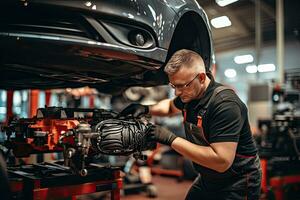 selektiv Fokus von gut aussehend Auto Mechaniker im Uniform reparieren Auto im Auto Reparatur Geschäft. generativ ai foto