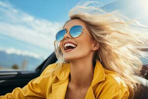 Sommer- Feiertage, Urlaub, Straße Ausflug und Menschen Konzept - - lächelnd jung Frau Fahren Cabrio Wagen. generativ ai foto