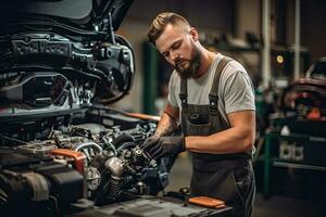 Auto Mechaniker Arbeiten im Auto Reparatur Geschäft. gut aussehend jung Mann im Uniform Arbeiten mit Auto Motor. generativ ai foto