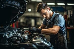 Auto Mechaniker Arbeiten im Auto Reparatur Geschäft. gut aussehend jung Mann im Uniform Arbeiten mit Auto Motor. generativ ai foto