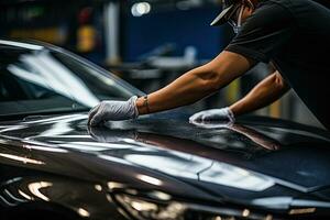 Auto Detaillierung Serie, Arbeiter im schützend Handschuhe Polieren ein Wagen. generativ ai foto