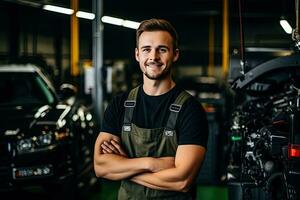 Auto Mechaniker Arbeiten im Auto Reparatur Geschäft. gut aussehend jung Mann im Uniform Arbeiten mit Auto Motor. generativ ai foto