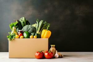 Box mit frisch organisch Gemüse und Früchte. gesund Essen Einkaufen Konzept. generativ ai foto