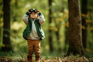 wenig Junge suchen durch Fernglas im das Park. Kind erkunden Natur. generativ ai foto