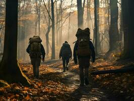 Menschen Wandern im ein heiter Herbst Wald. hohe Auflösung. ai generativ foto