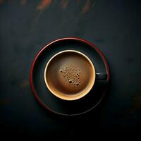 oben Aussicht von Tasse von Kaffee auf dunkel Hintergrund Minimalismus. hoch Qualität. ai generativ foto