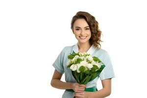 Fachmann Werbung Foto von ein Krankenschwester mit Blumen boquite. hoch Qualität. ai generativ