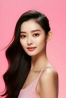 ein jung asiatisch Schönheit Frau gezogen zurück ihr Haar auf das Rosa Hintergrund. hohe Auflösung. ai generativ foto