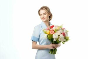 Fachmann Werbung Foto von ein Krankenschwester mit Blumen boquite. hohe Auflösung. ai generativ
