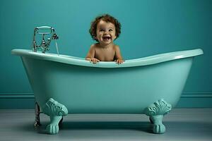 süß Baby im das Badewanne ein filmisch Schuss eine Farbe Hintergrund. hohe Auflösung. ai generativ foto