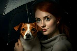 rothaarig Frau und Hund Jack Russell Terrier unter ein Regenschirm. hoch Qualität. ai generativ foto