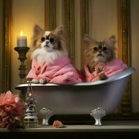 charmant verwöhnt Haustiere abspielen Seite durch Seite Sitzung im ein Badewanne. hohe Auflösung. ai generativ foto