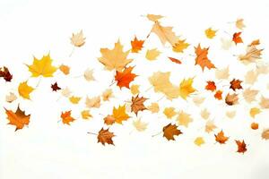 Hunderte von Herbst Blätter fallen und fliegen auf ein Weiß Hintergrund. hohe Auflösung. ai generativ foto