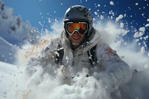 Skifahrer Skifahren bergab im hoch Berge während sonnig Tag. gemischt Medien. extrem Winter Sport. 3d Illustration. Freifahrt Skifahrer gleiten bergab im Schnee auf ein dunkel Hintergrund. ai generiert foto