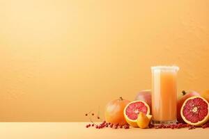 Obst Saft auf ein Beige Hintergrund, ai generiert foto