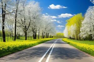 Asphalt Straße Landschaft im Frühling, ai generativ foto