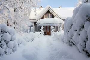 draußen das Haus bedeckt im schön Schnee, ai generiert foto