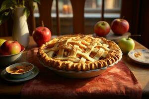 warm Apfel Kuchen auf das Tisch, ai generiert foto