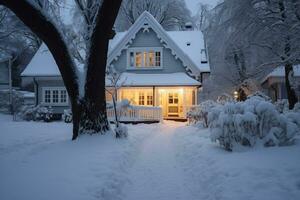 draußen das Haus bedeckt im schön Schnee, ai generiert foto