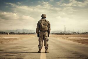 ein Soldat Stehen allein gegenüber das zurück, ai generiert foto