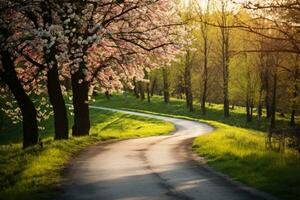 Asphalt Straße Landschaft im Frühling, ai generativ foto