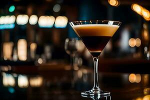 das Kamera zoomt im auf ein Espresso Martini, und im das Distanz, Dort ist ein schön Restaurant ai generiert foto