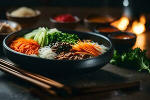 das Kamera ist ziehen um näher zu Show ein lecker und berühmt Essen von Korea namens bibimbap Manchmal, es können Sein schwierig zu verstehen Was ist Ereignis hinter etwas ai generiert foto