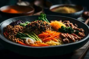 das Kamera ist Zoomen im zu Fokus auf ein lecker und Gut gefallen Koreanisch Essen namens bibimbap Manchmal, es können Sein schwer zu Zahl aus Was ist Ereignis hinter etwas ai generiert foto