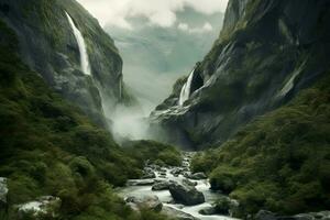 Wasserfall Island Berge Fluss. generieren ai foto