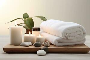 ai generiert Spa Zubehörteil Komposition einstellen im Tag Spa Hotel, Schönheit Wellness Center. Spa Produkt sind platziert im Luxus Spa Resort Zimmer, bereit zum Massage Therapie von Fachmann Bedienung foto