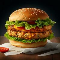 Burger mit Rindfleisch, Hähnchen rot Zwiebel, Tomate und gebraten Speck. ai generativ foto