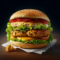 Burger mit Rindfleisch, Hähnchen rot Zwiebel, Tomate und gebraten Speck. ai generativ foto