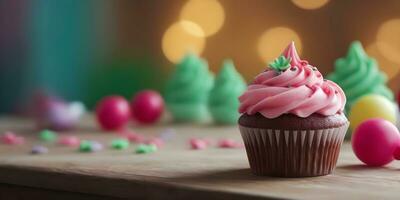 ein süß hausgemacht Cupcake mit Rosa Glasur und Mehrfarbig Dekoration ai generiert foto