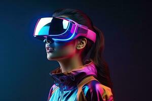 schön asiatisch Frau tragen virtuell Wirklichkeit Brille. Studio Schuss, jung Frau tragen virtuell Wirklichkeit Brille. Zukunft Technologie Konzept. 3d Wiedergabe, ai generiert foto