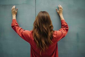 Rückseite Aussicht von jung Frau im rot Bluse Stehen gegen Blau Wand, jung Frau Dehnen durch Hände oben im das Luft, Rückseite Seite Sicht, Nein Gesicht enthüllt, Nein Verformung, ai generiert foto