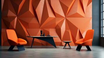 modern Leben Zimmer mit hölzern geometrisch Wand, generativ ai foto