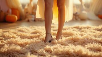 schön weiblich Füße auf ein Sanft flauschige Beige Teppich, das Konzept von Zuhause Komfort und Wärme foto