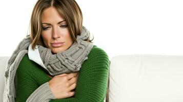 Brünette Frau mit ein Grün Schal, Anzeigen Zeichen von kalt oder Grippe.. generativ ai foto
