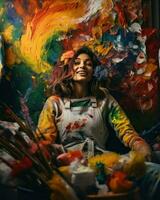 ein Frau Sitzung im Vorderseite von ein beschwingt malen, bewundern es ist Farben und Pinselstriche.. generativ ai foto