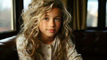 Porträt von ein jung Mädchen mit wellig blond Haar, lächelnd leise.. generativ ai foto