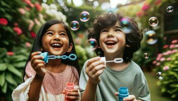 zwei Kinder, einer indisch Mädchen und einer kaukasisch Junge, weht Luftblasen im ein Garten.. generativ ai foto