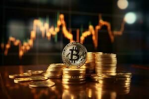 Bitcoin auf das Hintergrund von das Lager Markt. Kryptowährung Konzept. ai generativ foto