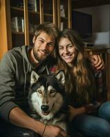 ein Familie posieren glücklich Innerhalb das Haus mit ihr Hund. generativ ai foto