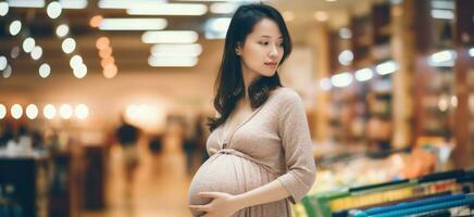 asiatisch schwanger Frau Einkaufen im ein Supermarkt. generativ ai foto