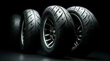 Auto Reifen vereinbart worden im Reihen im Vorderseite von schwarz Hintergrund. generativ ai foto