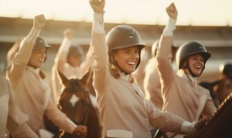 ein Gruppe von attraktiv jung weiblich Jockeys High-Fiving während Sitzung auf ihr Pferde Rücken ai generiert foto