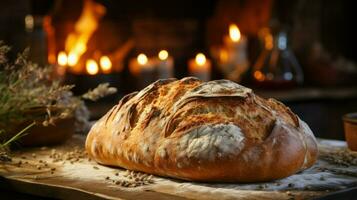 Nahansicht von frisch gebacken rustikal brot.. generativ ai foto