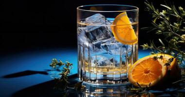 Eis Würfel mit Zitrone und Rosmarin im ein Glas auf Blau Hintergrund. ai generiert foto